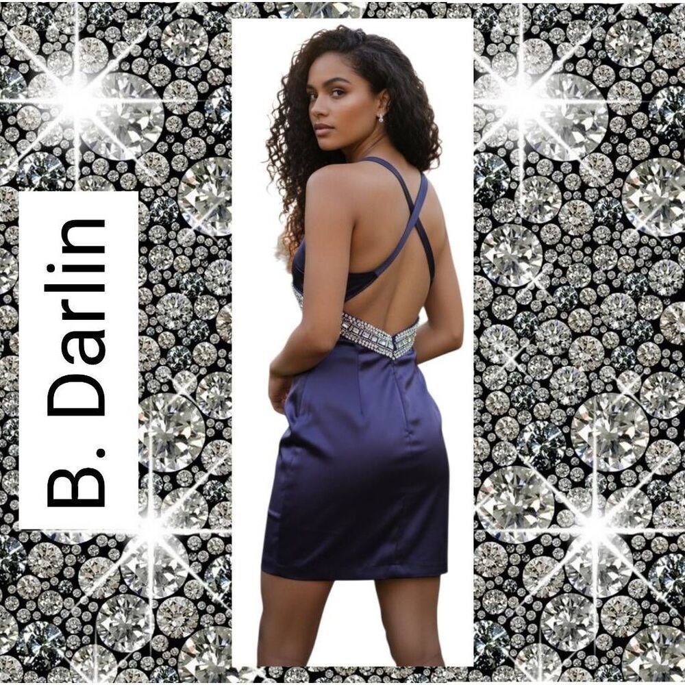 B. Darling Blue Satin Sexy Rhinestone Sequin Embellishments Mini Cocktail Dress